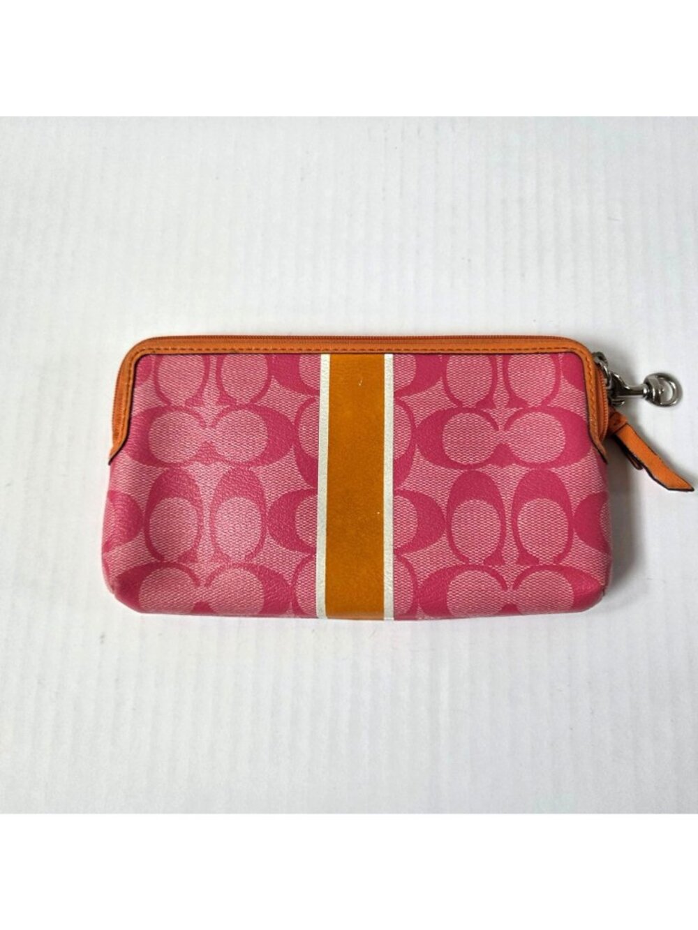 Coach Wallet Pink Orange Signature Stripe Coated Canvas Double Zip Wristlet - Picture 7 of 12
